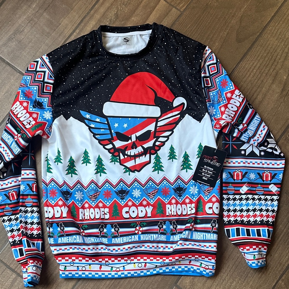 WWE Cody Rhodes Festive Skull Crewneck Sweater - Red, Blue, Black, White